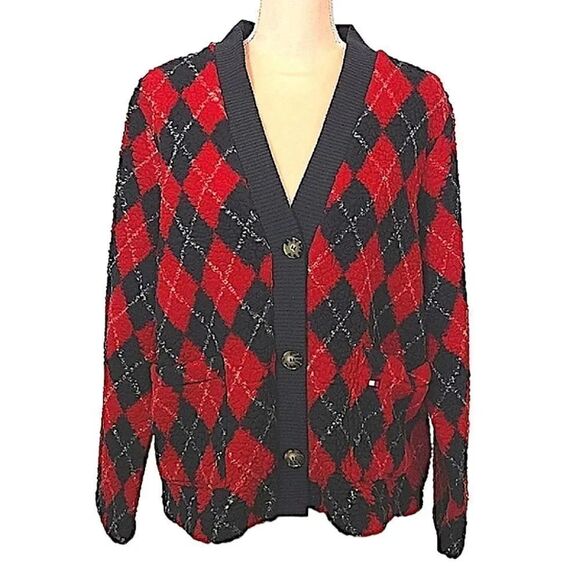 Tommy Hilfiger Red Blue Plaid Button Front Faux Fur Cardigan XL - Picture 1 of 17